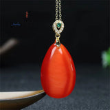 Cat's Eye Stone Luck Water Drop Bead Pendant Necklace 925 Silver