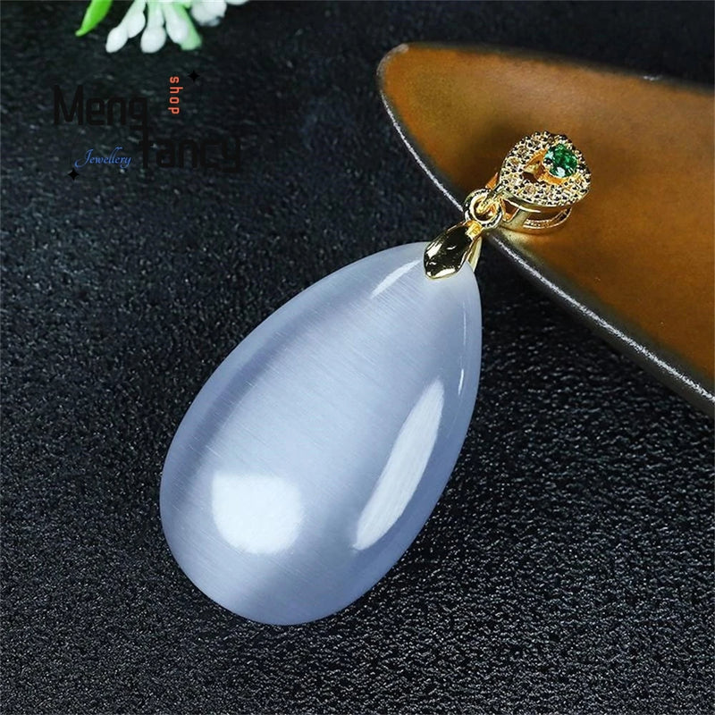 Cat's Eye Stone Luck Water Drop Bead Pendant Necklace 925 Silver