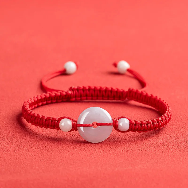 Natural A Jade Donut Hand Woven Red Rope Bracelet Gift Jewelry