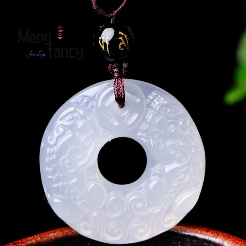 Natural Chalcedony Hand Carved Pixiu Safety Buckle Pendant Jadeite Jewelry