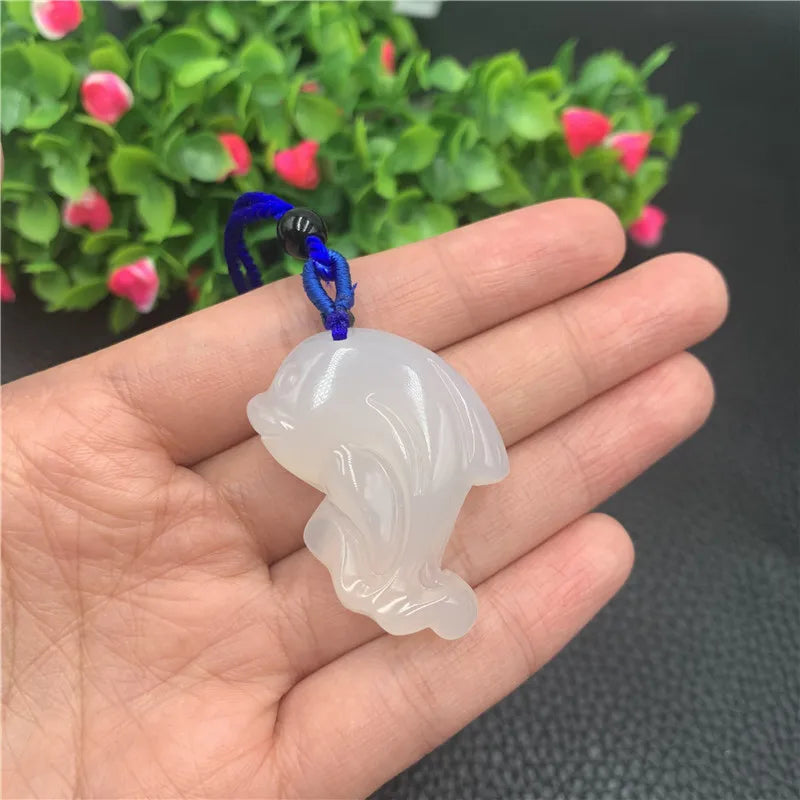 Chalcedony Jade Agate Dolphin Pendant Necklace Amulet Charm