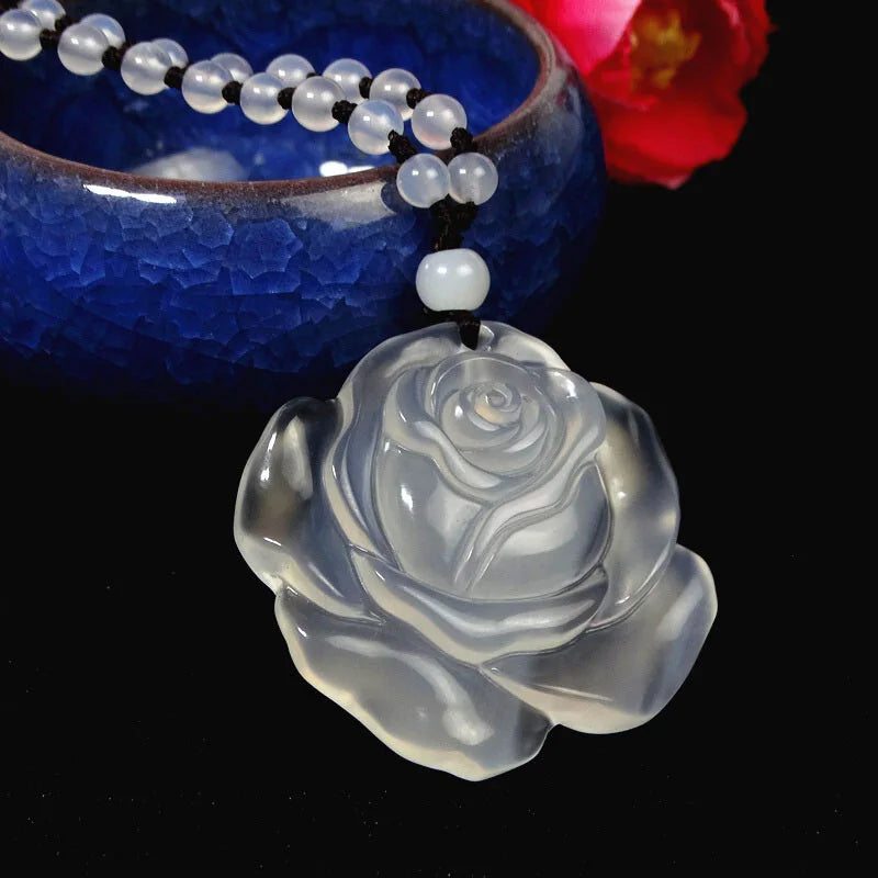 Natural Chalcedony Rose Pendant Necklace Drop Hand-carved lucky Amulet Necklace