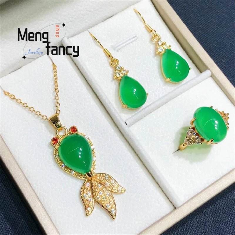 Chalcedony Silver Goldfish Pendant Charms Jewelry Set