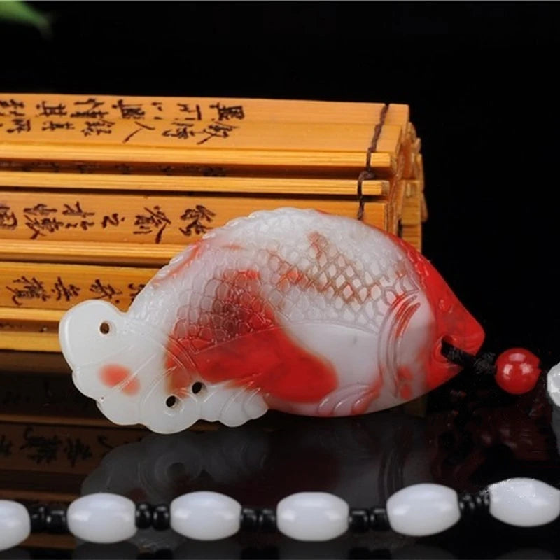 Chicken Blood Double-sided Carved Fish Jade Pendant Necklace
