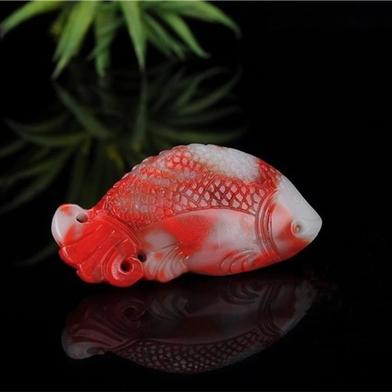 Chicken Blood Double-sided Carved Fish Jade Pendant Necklace