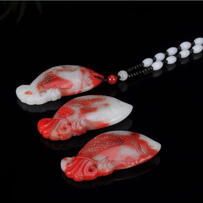 Chicken Blood Double-sided Carved Fish Jade Pendant Necklace