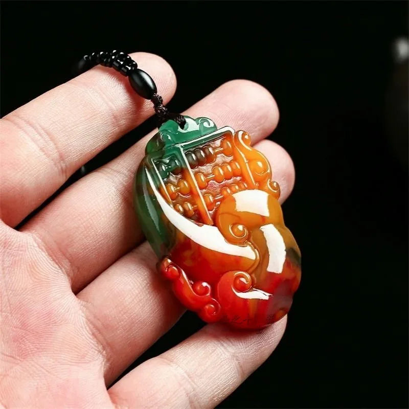 Natural Chicken Blood Hand Carved Abacus Jade Pendant Ruyi Necklace