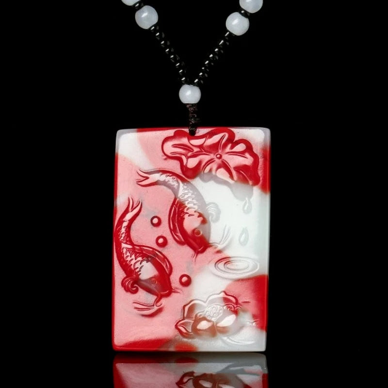 Natural Chicken Blood Jade Fish Pendant Necklace