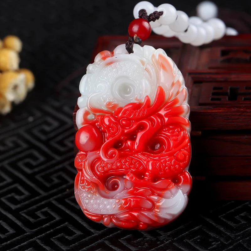 Natural Chicken Blood Jade Zodiac Dragon Pendant - Men Women Necklace