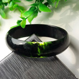 Chinese Ink Jade Carved Wide Band Bracelet Men's Women's Green Jewelry