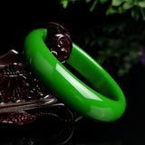 Chinese Green Jade Bracelet Hand-carved Wide Bangle for Mom and Girls