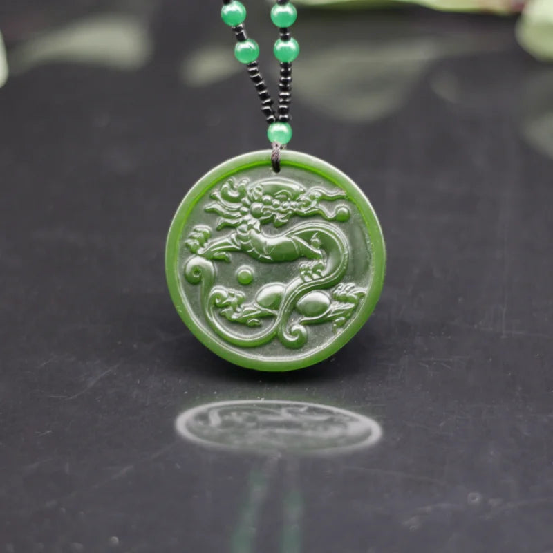 Chinese Green Jade Dragon Pendant Necklace Hand-Carved Charm Jewelry