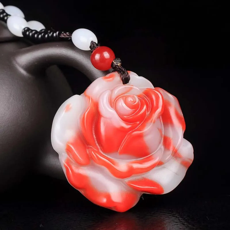 Chinese Hetian Red Jade Rose Flower Pendant Necklace Hand-Carved Charm