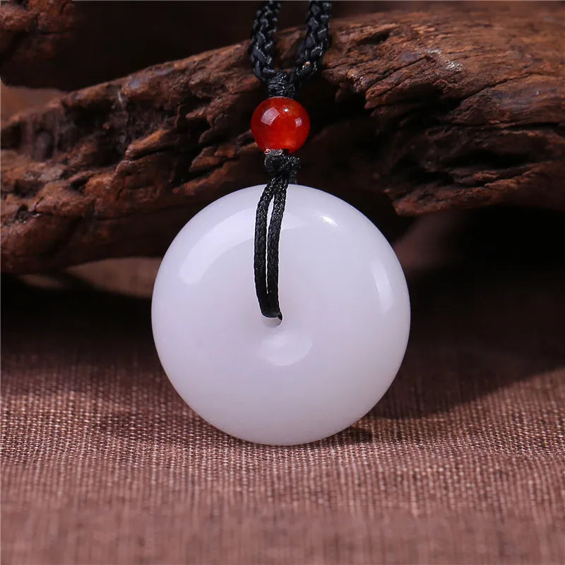 Chinese Jade Green Hand-carved Donut Pendant Necklace