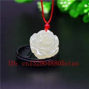 Chinese Jade Rose Flower Pendant Necklace Charm Carved Amulet