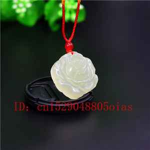 Chinese Jade Rose Flower Pendant Necklace Charm Carved Amulet