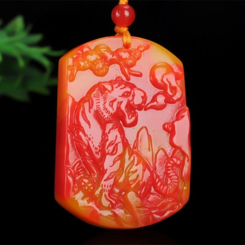 Chinese Red Carved Zodiac Tiger Jade Pendant Necklace