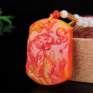 Chinese Red Carved Zodiac Tiger Jade Pendant Necklace