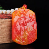 Chinese Red Carved Zodiac Tiger Jade Pendant Necklace