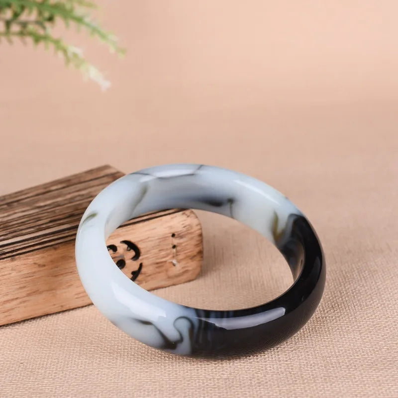 Chinese Smoke Cyan Hand Carved Jade Bracelet for Women
