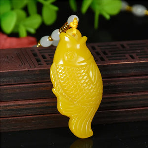 Chinese Yellow Hand Carved Fish Jade Pendant Necklace Gift