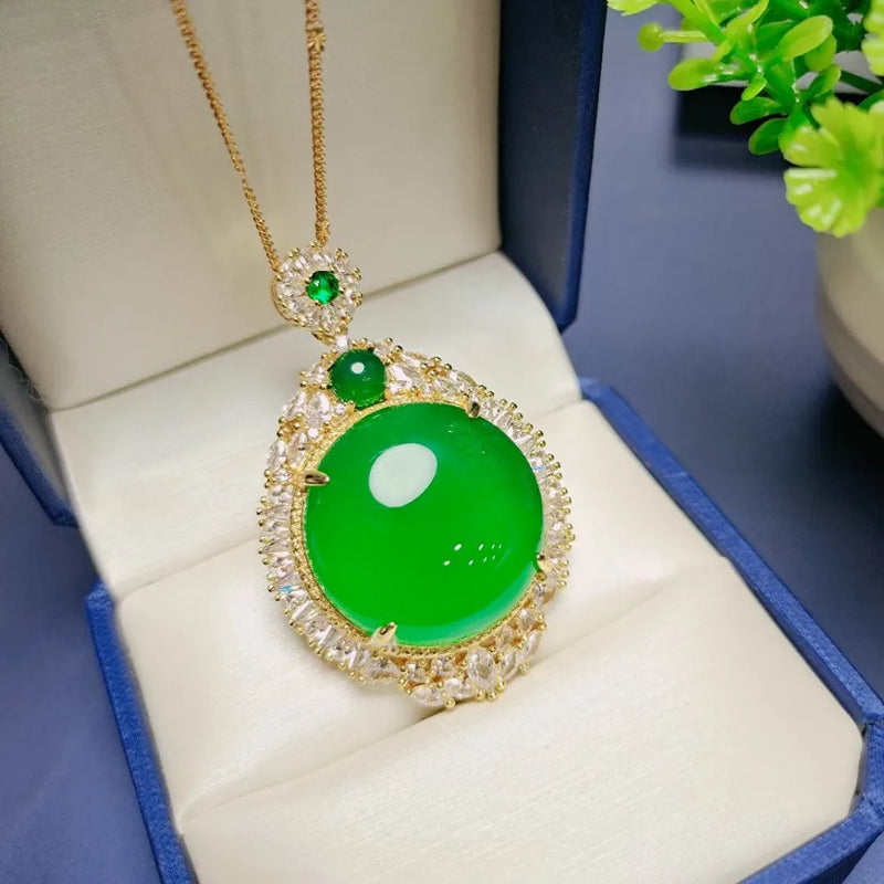 Chrysoprase Round Jade Pendant Necklace Women Green Chalcedony Charms