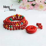 Natural Cinnabar 108 Buddhist Beads Peace Buckle Sweater Chain Loop Bracelet