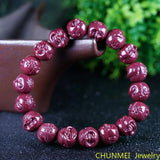 Natural Cinnabar Double-sided Carved Buddha Head Men Women Hand Bracelet