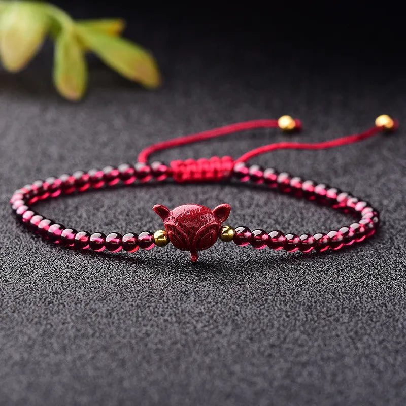 Hand Weave Red Rope Garnet Bracelet with Cinnabar Charm