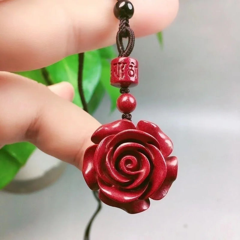 Cinnabar Rose Flower Pendant Carved Amulet Men Women Jewelry