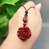 Cinnabar Rose Flower Pendant Carved Amulet Men Women Jewelry