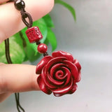 Cinnabar Rose Flower Pendant Carved Amulet Men Women Jewelry