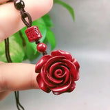 Cinnabar Rose Flower Pendant Carved Amulet Men Women Jewelry