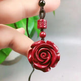 Cinnabar Rose Flower Pendant Carved Amulet Men Women Jewelry