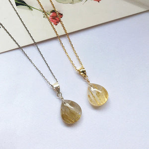 Natural Citrine Pendant Yellow Hair Crystal Rutilated Quartz Necklace