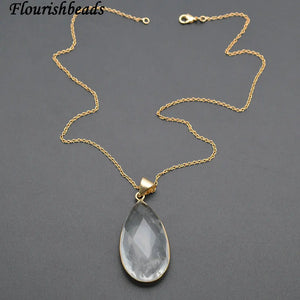 Natural Clear Crystal Surface Cutting Drop Pendant Link Chains Necklace