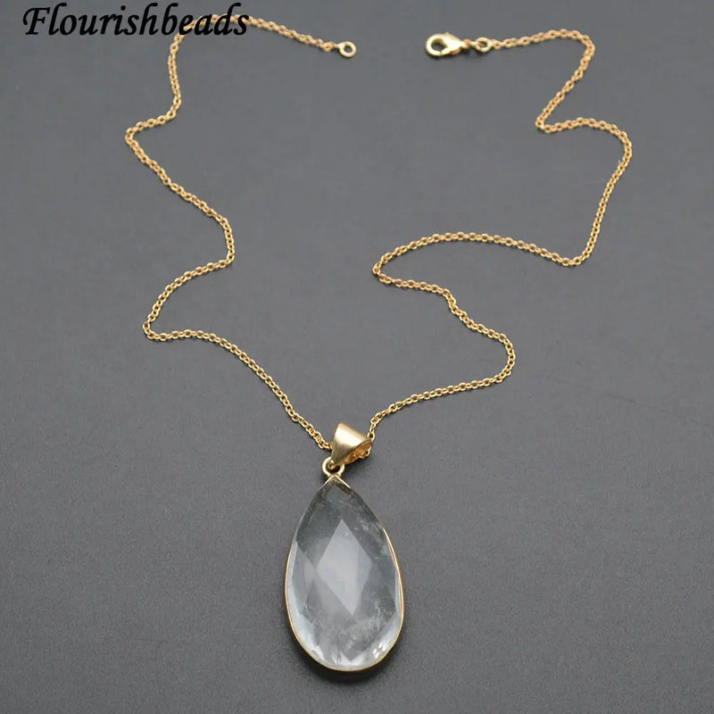 Natural Clear Crystal Surface Cutting Drop Pendant Link Chains Necklace