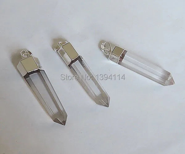 Clear Quartz Point Pendant Hexagon Pillar Silver Plated 25-35mm