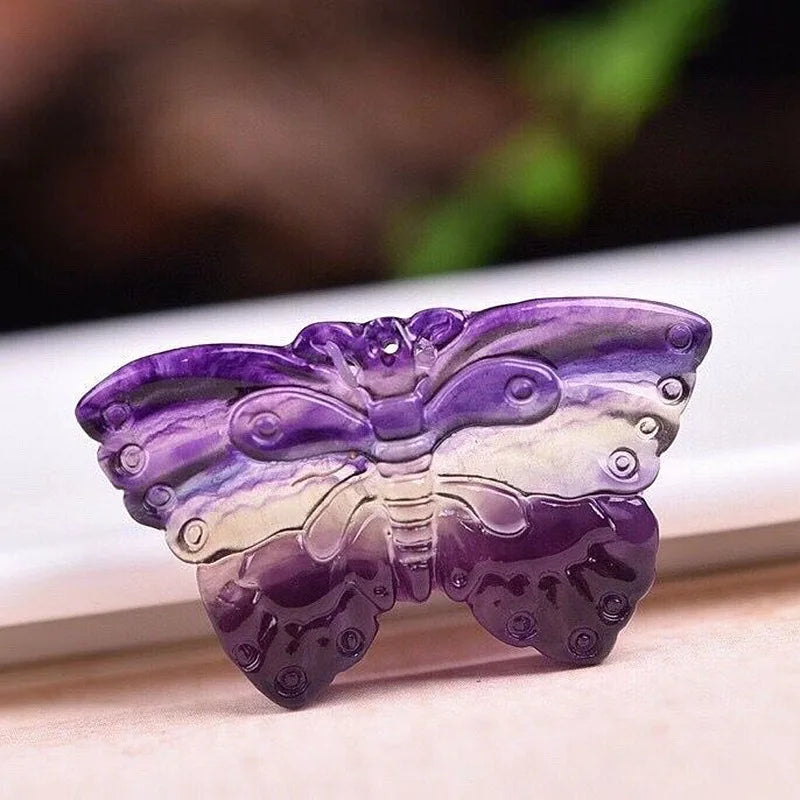 Fluorite Butterfly Pendant Necklace Charm Jewelry Gemstone Chinese Amulet