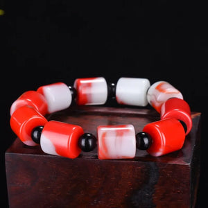 Hand Carved Bucket Pearl Jade Bracelet Men's Women's Red White