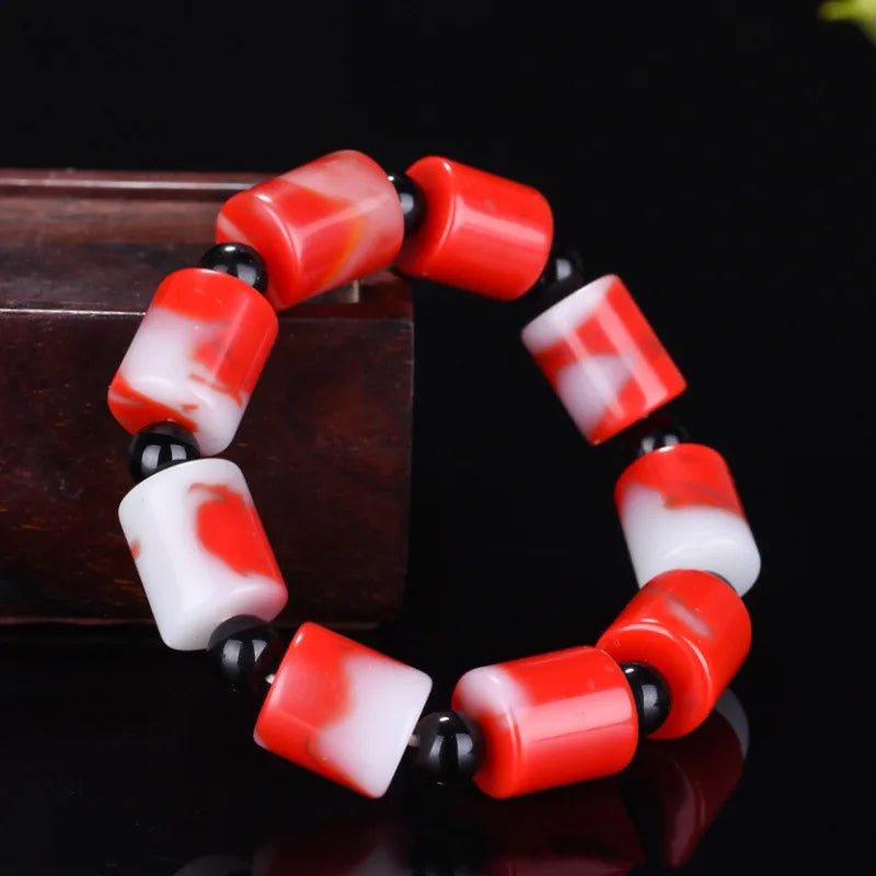 Hand Carved Bucket Pearl Jade Bracelet Men's Women's Red White