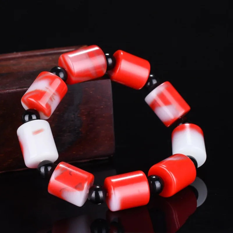 Hand Carved Bucket Pearl Jade Bracelet Men's Women's Red White