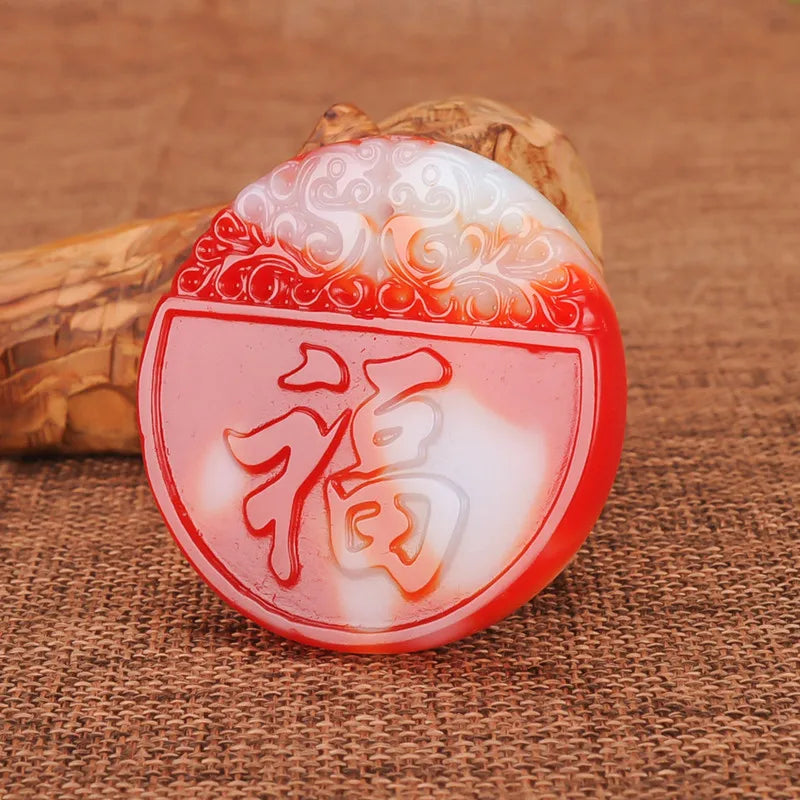 Hand-carved Fu Word Jade Pendant Necklace