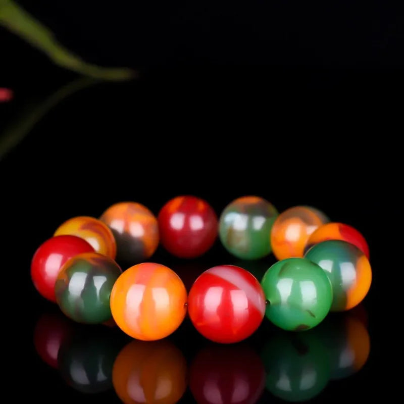 Natural Jade 18mm Round Beads Bracelet Hand-Carved Charm Jewelry