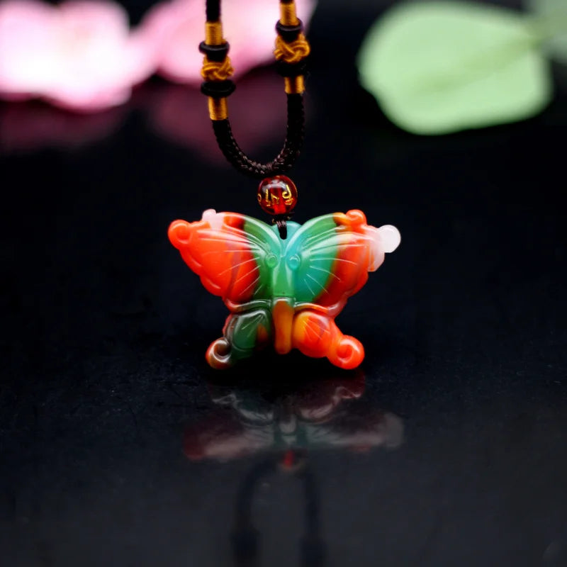 Natural Jade Butterfly Pendant Necklace Chinese Jadeite Charm Jewelry Amulet