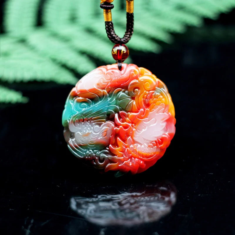 Jade Dragon Phoenix Pendant Necklace Chinese Jewelry Charm Amulet