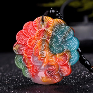 Hand Carved Peacock Jade Pendant Jewelry Men's Women's Open Screen Necklace