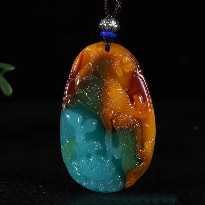Hand Carved Phoenix Jade Pendant Peacock Necklace