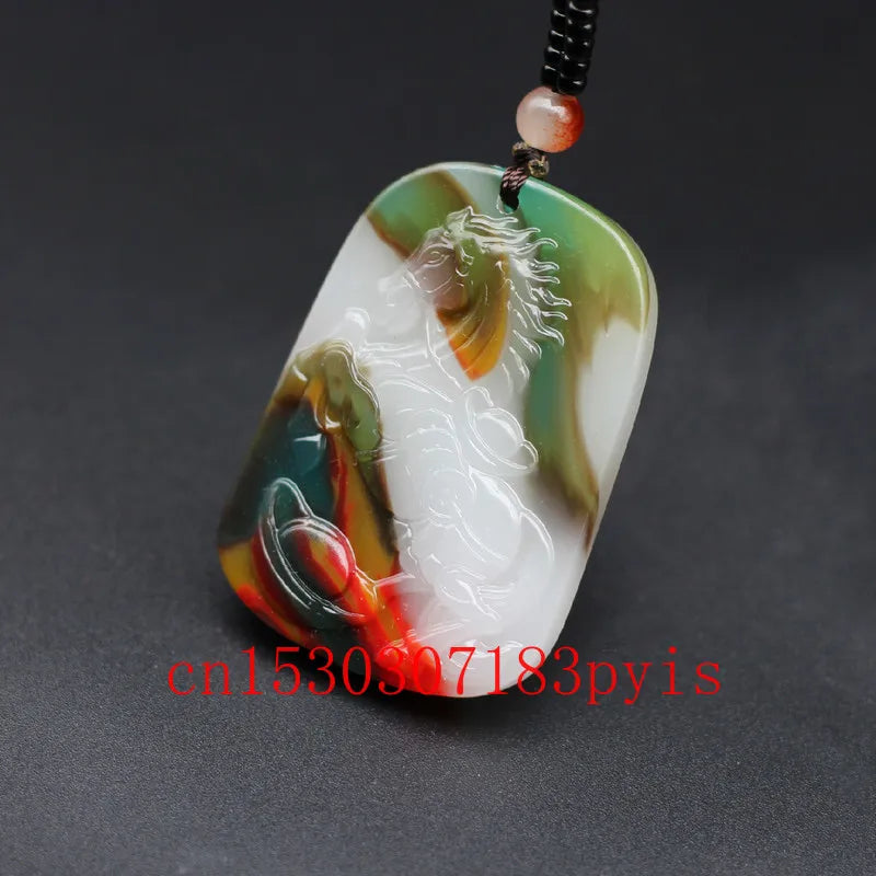 Chinese Hand-Carved Jade Horse Pendant Necklace Luck Charm Jadeite Jewelry