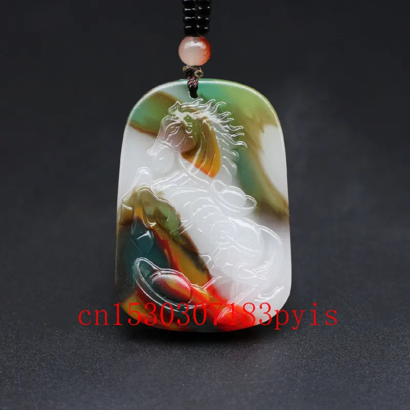 Chinese Hand-Carved Jade Horse Pendant Necklace Luck Charm Jadeite Jewelry